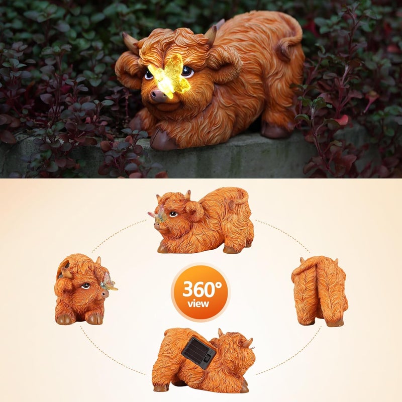 Roundot Store Highland Cow Solar Powered Outdoor Garden Statue, Resin Highland Cow Statue with Solar Light Lantern, Decorative Lawn, Yard Outdoor Highland Cow Decor. Unique home decorations, gifts for women - Image 3